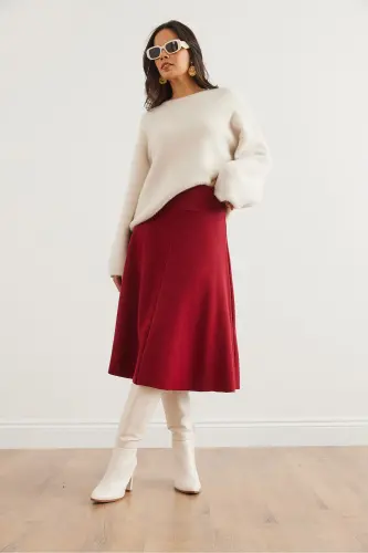 Women's Burgundy Belted Thessaloniki Flared Skirt ETK-19000 - 2