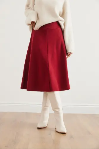 Women's Burgundy Belted Thessaloniki Flared Skirt ETK-19000 - 4