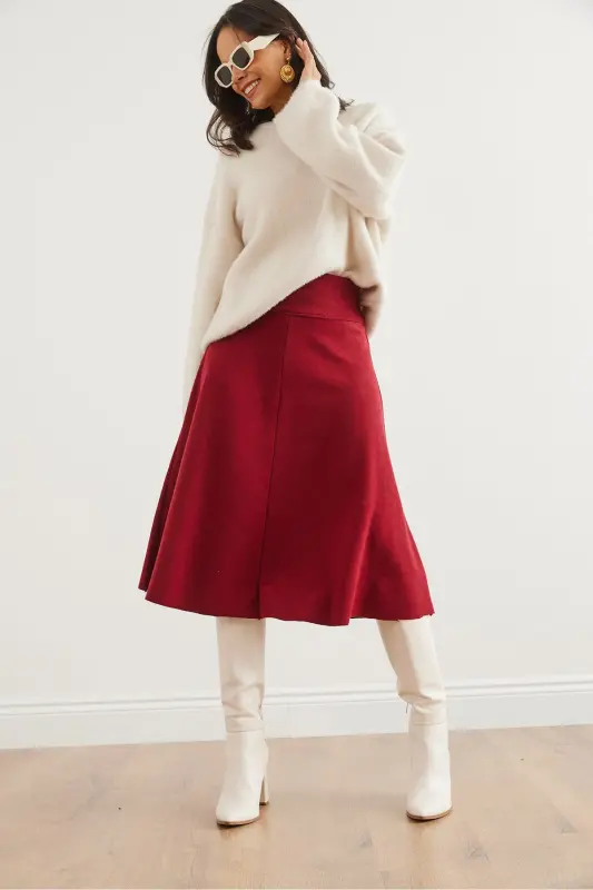 Women's Burgundy Belted Thessaloniki Flared Skirt ETK-19000 - 5