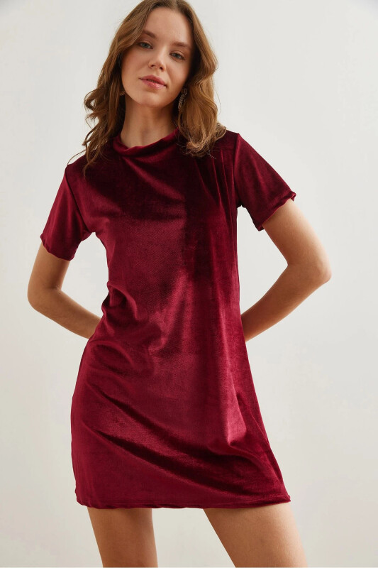 Women's Burgundy Bicycle Collar Basic Mini Velvet Dress - 1