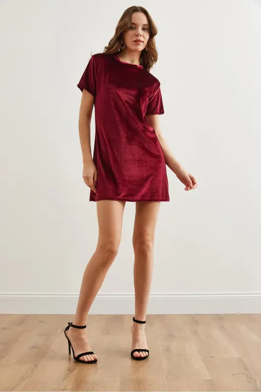 Women's Burgundy Bicycle Collar Basic Mini Velvet Dress - 2