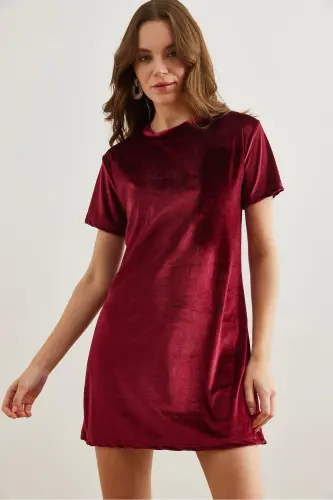 Women's Burgundy Bicycle Collar Basic Mini Velvet Dress - 3