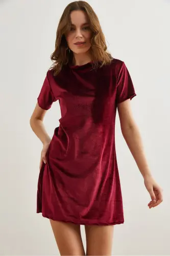 Women's Burgundy Bicycle Collar Basic Mini Velvet Dress - 4