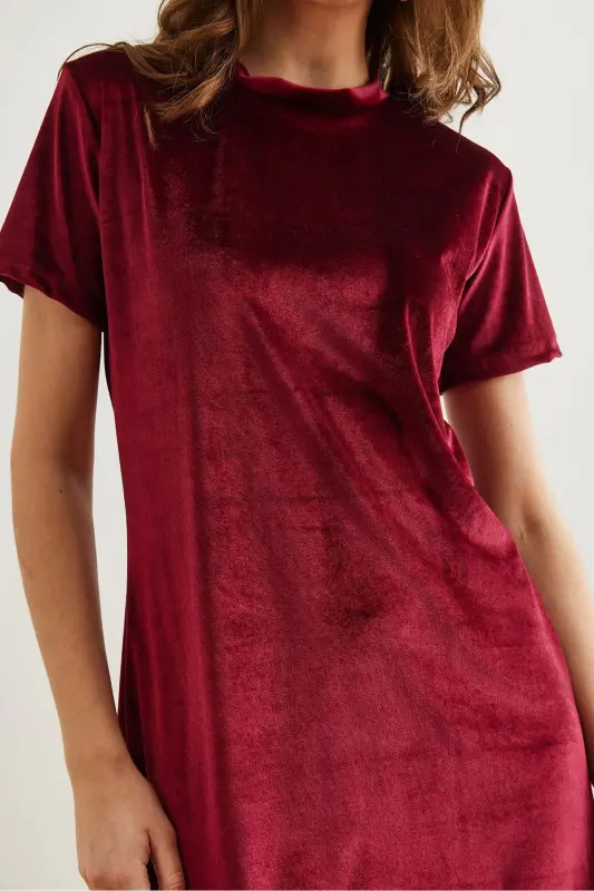 Women's Burgundy Bicycle Collar Basic Mini Velvet Dress - 5