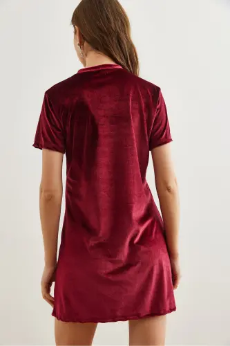 Women's Burgundy Bicycle Collar Basic Mini Velvet Dress - 6
