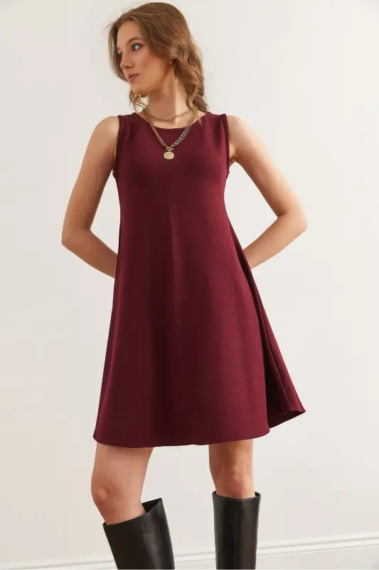 Women's Burgundy Bike Collar Flared Knitted Crepe Dress EL - OLALOOK