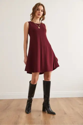 Women's Burgundy Bike Collar Flared Knitted Crepe Dress EL - OLALOOK (1)