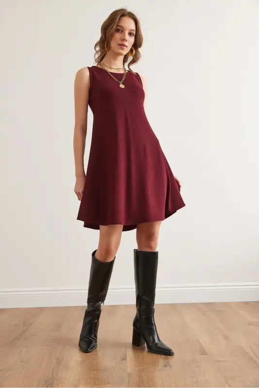Women's Burgundy Bike Collar Flared Knitted Crepe Dress EL - 2