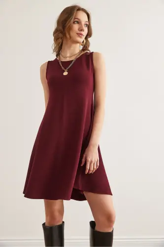Women's Burgundy Bike Collar Flared Knitted Crepe Dress EL - 3