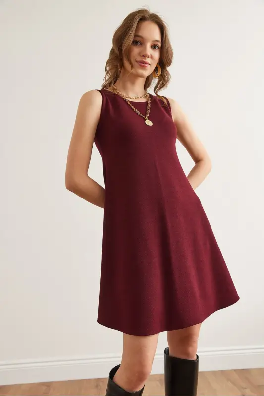 Women's Burgundy Bike Collar Flared Knitted Crepe Dress EL - 5