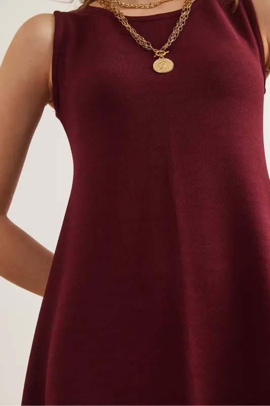 Women's Burgundy Bike Collar Flared Knitted Crepe Dress EL - 6