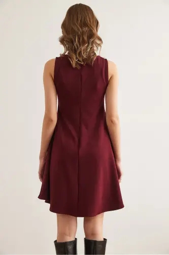 Women's Burgundy Bike Collar Flared Knitted Crepe Dress EL - 7
