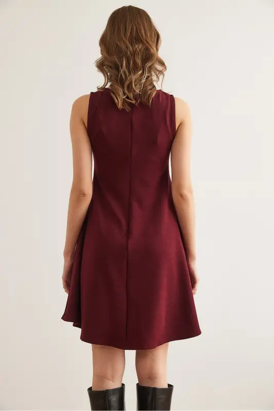 Women's Burgundy Bike Collar Flared Knitted Crepe Dress EL - 7
