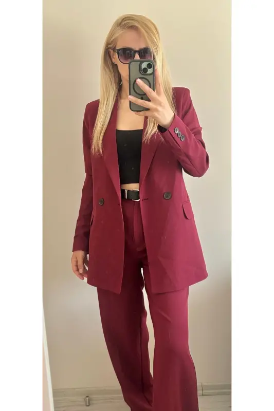 Women's Burgundy Blazer Jacket Palazzo Pants Suit-Burgundy - 2
