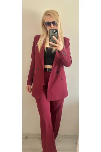 Women's Burgundy Blazer Jacket Palazzo Pants Suit-Burgundy - 3