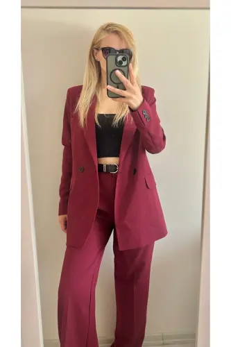 Women's Burgundy Blazer Jacket Palazzo Pants Suit-Burgundy - 4