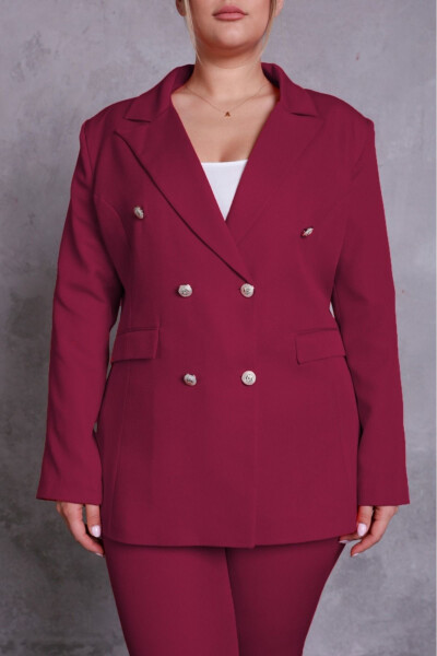 Women's Burgundy Blazer Jacket with Belt, Pockets, Wide Leg Pants, Plus Size Suit - 4