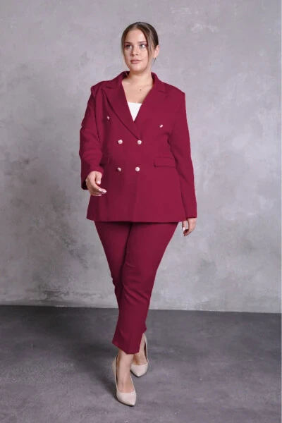 Women's Burgundy Blazer Jacket with Belt, Pockets, Wide Leg Pants, Plus Size Suit - SİZ (1)
