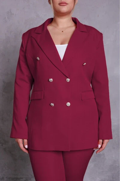 Women's Burgundy Blazer Jacket with Belt, Pockets, Wide Leg Pants, Plus Size Suit - 4
