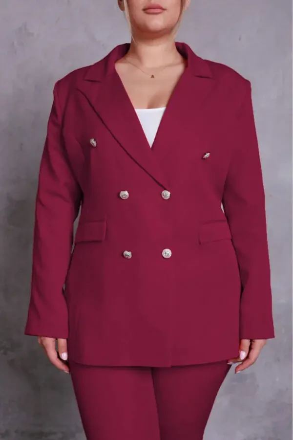 Women's Burgundy Blazer Jacket with Belt, Pockets, Wide Leg Pants, Plus Size Suit - 4