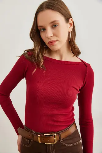 Women's Burgundy Boat Neck Ribbed Stretch Cotton Blouse BLZ-19002795-Burgundy - 1