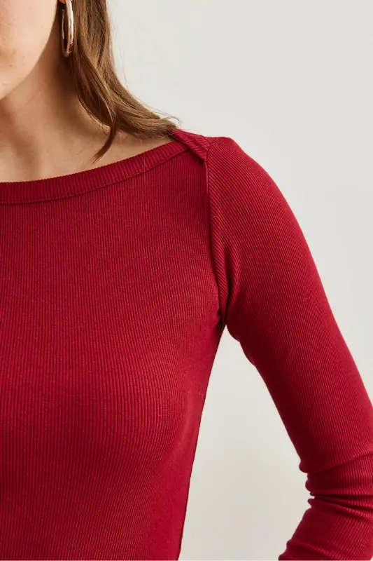 Women's Burgundy Boat Neck Ribbed Stretch Cotton Blouse BLZ-19002795-Burgundy - 6