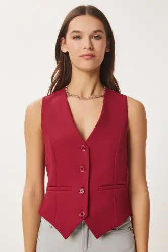 Women's Burgundy Bodycon Short Woven Vest TO00048 - Burgundy - 3