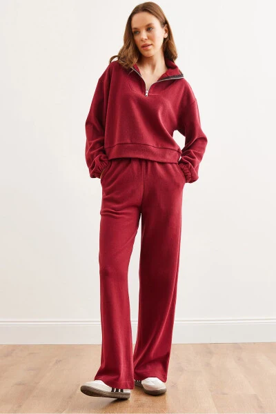 Women's Burgundy Bottom and Top Polo Collar Thessalonica Set TKM-19000324 - OLALOOK