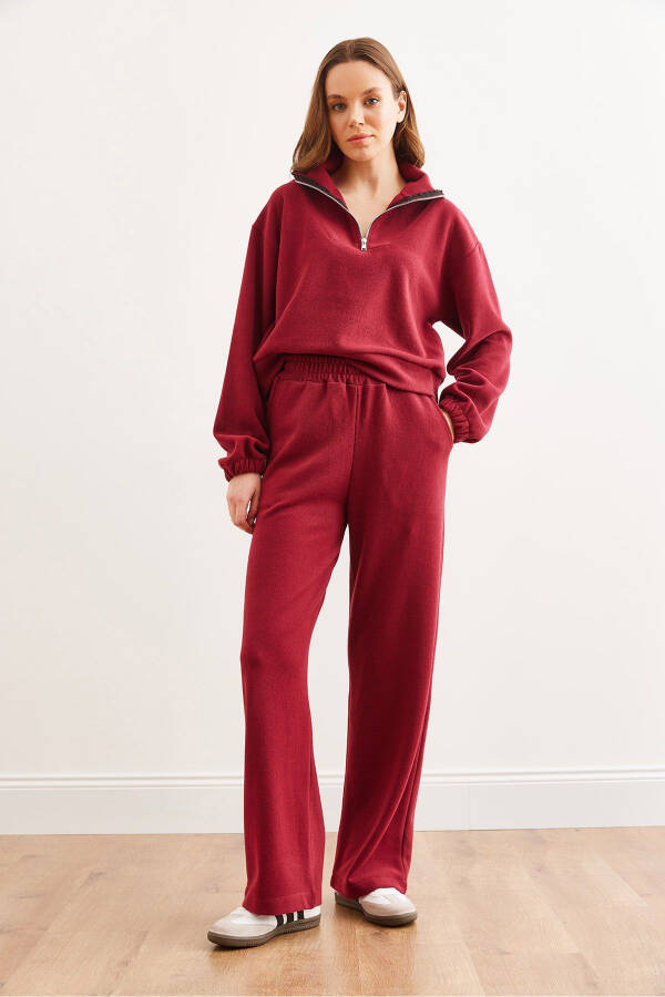 Women's Burgundy Bottom and Top Polo Collar Thessalonica Set TKM-19000324 - 2