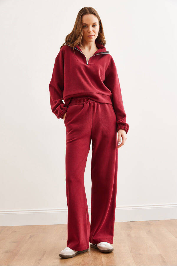 Women's Burgundy Bottom and Top Polo Collar Thessalonica Set TKM-19000324 - 4