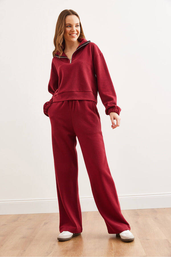 Women's Burgundy Bottom and Top Polo Collar Thessalonica Set TKM-19000324 - 6