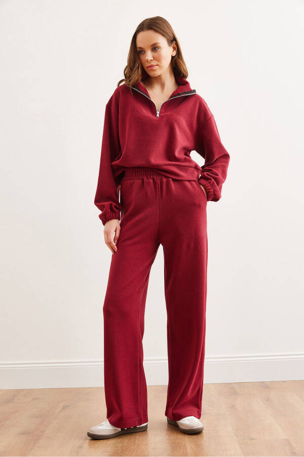 Women's Burgundy Bottom and Top Polo Collar Thessalonica Set TKM-19000324 - 3