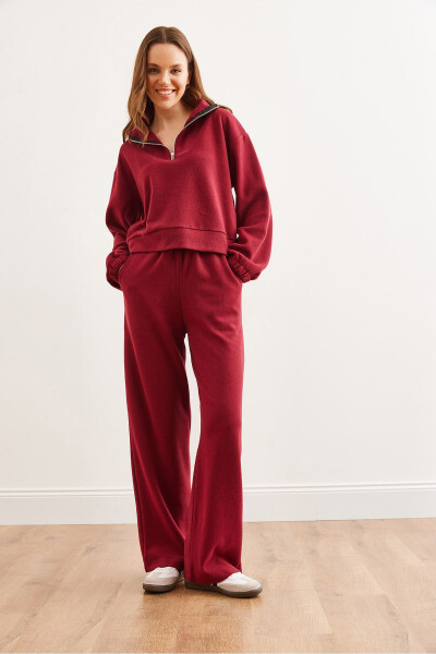 Women's Burgundy Bottom and Top Polo Collar Thessalonica Set TKM-19000324 - 5