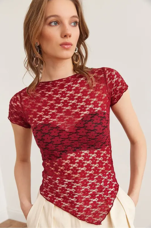 Women's Burgundy Bottom Asymmetric Lace Blouse BLZ-1900288 - 1