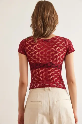 Women's Burgundy Bottom Asymmetric Lace Blouse BLZ-1900288 - 2