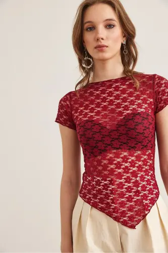 Women's Burgundy Bottom Asymmetric Lace Blouse BLZ-1900288 - 3