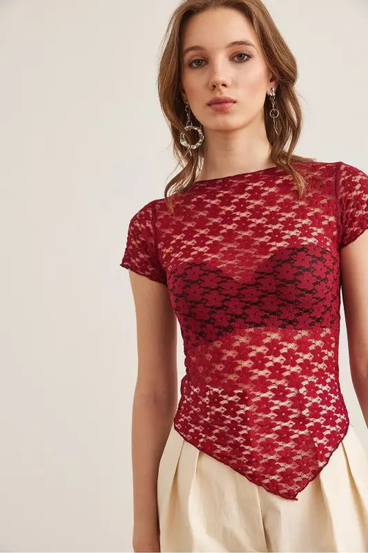 Women's Burgundy Bottom Asymmetric Lace Blouse BLZ-1900288 - 3