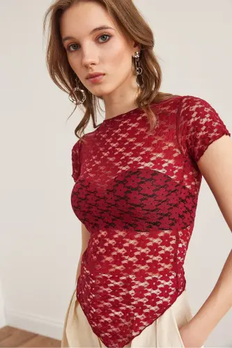 Women's Burgundy Bottom Asymmetric Lace Blouse BLZ-1900288 - 4