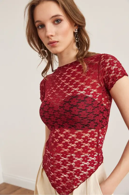 Women's Burgundy Bottom Asymmetric Lace Blouse BLZ-1900288 - 4