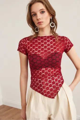 Women's Burgundy Bottom Asymmetric Lace Blouse BLZ-1900288 - 5