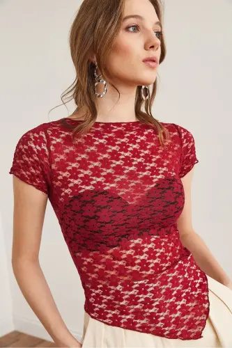 Women's Burgundy Bottom Asymmetric Lace Blouse BLZ-1900288 - 6