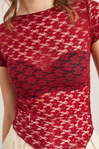 Women's Burgundy Bottom Asymmetric Lace Blouse BLZ-1900288 - 7