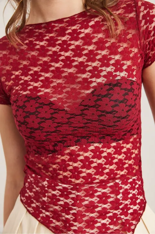 Women's Burgundy Bottom Asymmetric Lace Blouse BLZ-1900288 - 7