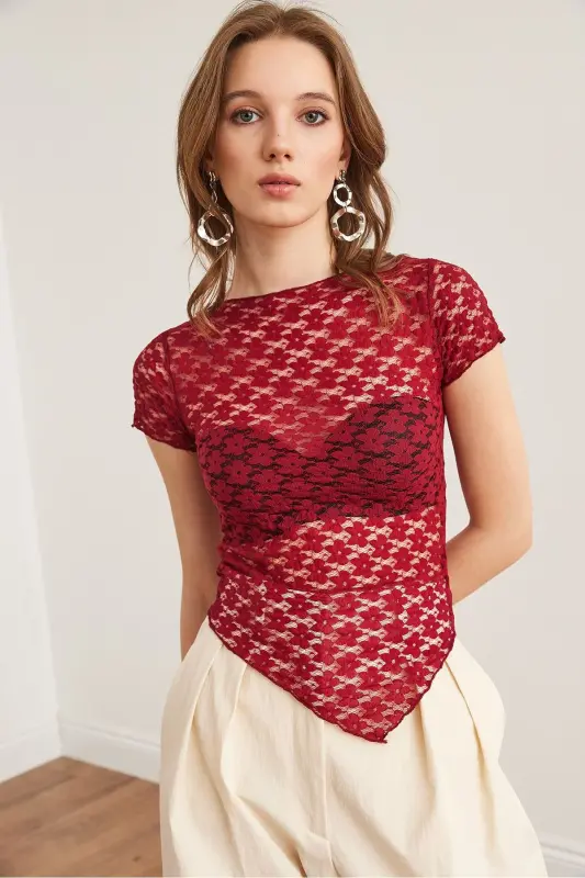 Women's Burgundy Bottom Asymmetric Lace Blouse BLZ-1900288 - 8