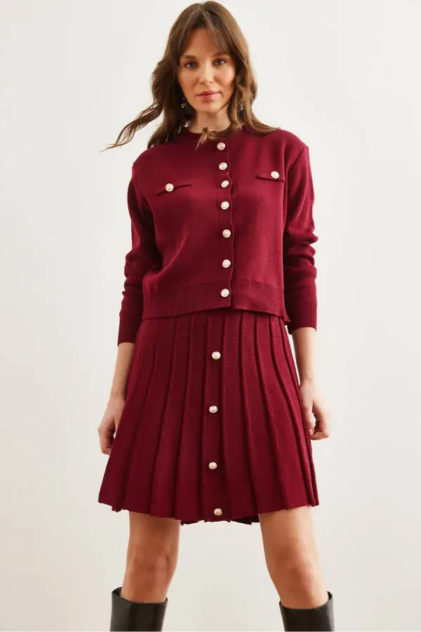 Women's Burgundy Button Detail Top Cardigan with Pleated Skirt Knitwear Set TKM-19000332 - 1