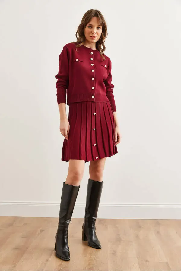 Women's Burgundy Button Detail Top Cardigan with Pleated Skirt Knitwear Set TKM-19000332 - 2
