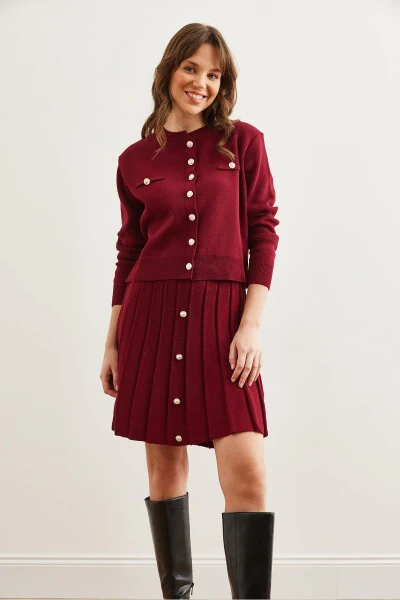 Women's Burgundy Button Detail Top Cardigan with Pleated Skirt Knitwear Set TKM-19000332 - 3