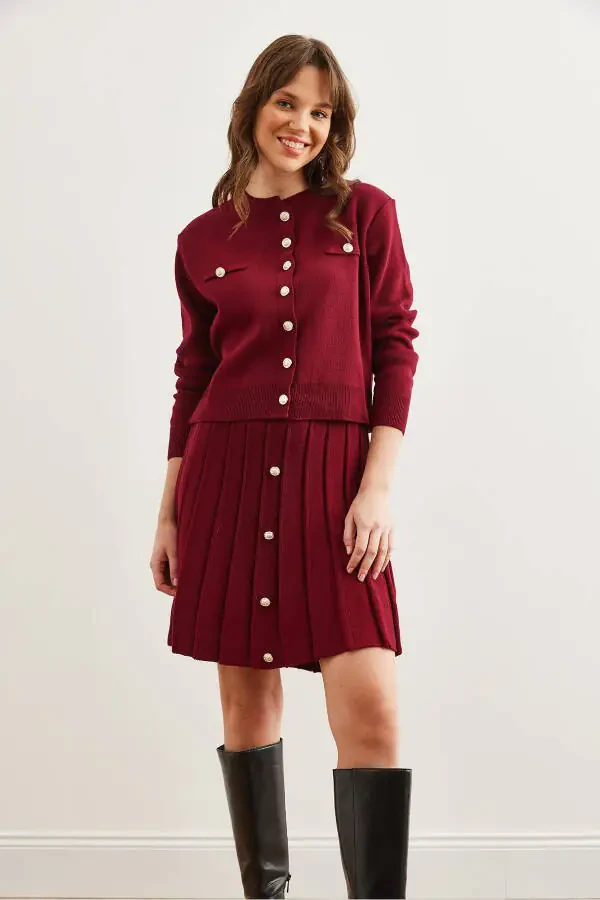 Women's Burgundy Button Detail Top Cardigan with Pleated Skirt Knitwear Set TKM-19000332 - 3