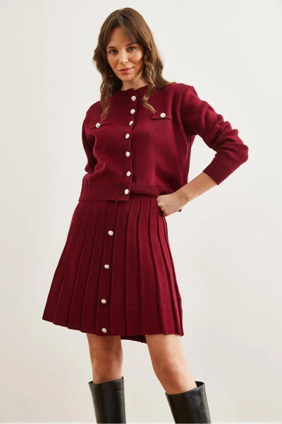 Women's Burgundy Button Detail Top Cardigan with Pleated Skirt Knitwear Set TKM-19000332 - 4
