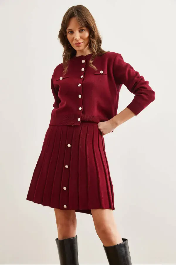 Women's Burgundy Button Detail Top Cardigan with Pleated Skirt Knitwear Set TKM-19000332 - 4